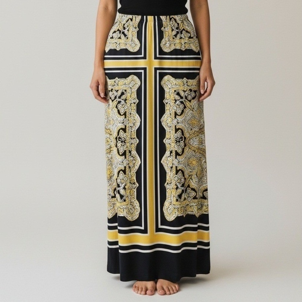 Cato Womens XS Black Yellow Paisley Scarf‎ Print Maxi Skirt Elastic Waist Slit